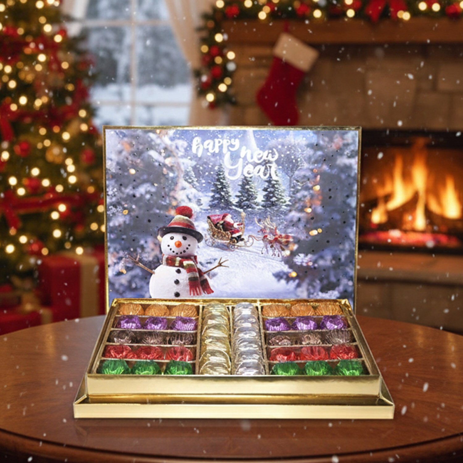 Yılbaşı Kardan Adam & Geyik Arabası Temalı 42'li Sargılı Special Çikolata Kutusu (650gr)