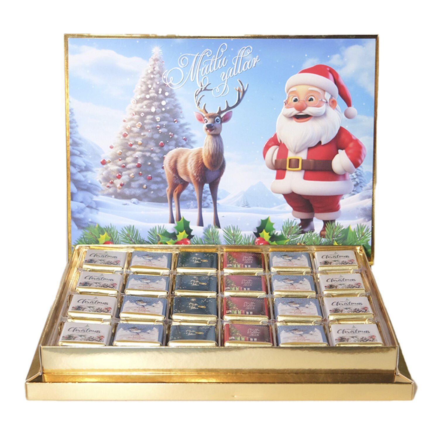Yılbaşı Noel Baba & Geyik Temalı 48Adetli Madlen Çikolata Kutusu (550gr)